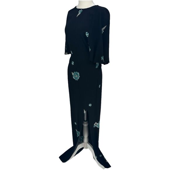Reformation Escala Aquarelle Floral‎ Black Cape Sleeve Open Back Dress Size 6 - Picture 4 of 11